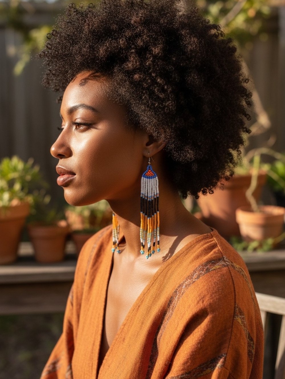 Handmade Beaded Fringe Earrings — Blue, White, Black & Orange